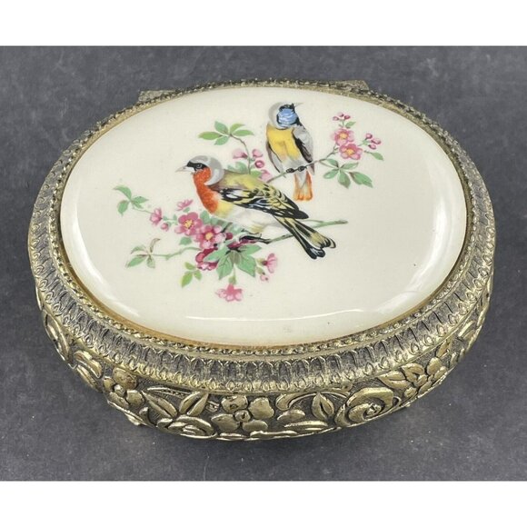 Vintage Ornate Trinket Box Japan Hinged Lid Birds Floral Metal Ceramic Footed - Picture 1 of 10